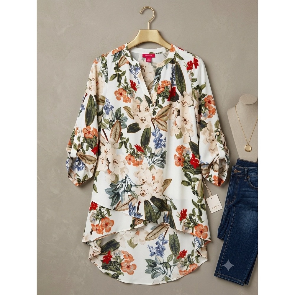 Catherine Catherine Malandrino Floral High Low Tunic Blouse Cream XL